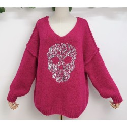 Pull TETE DE MORT (fuchsia/écru)