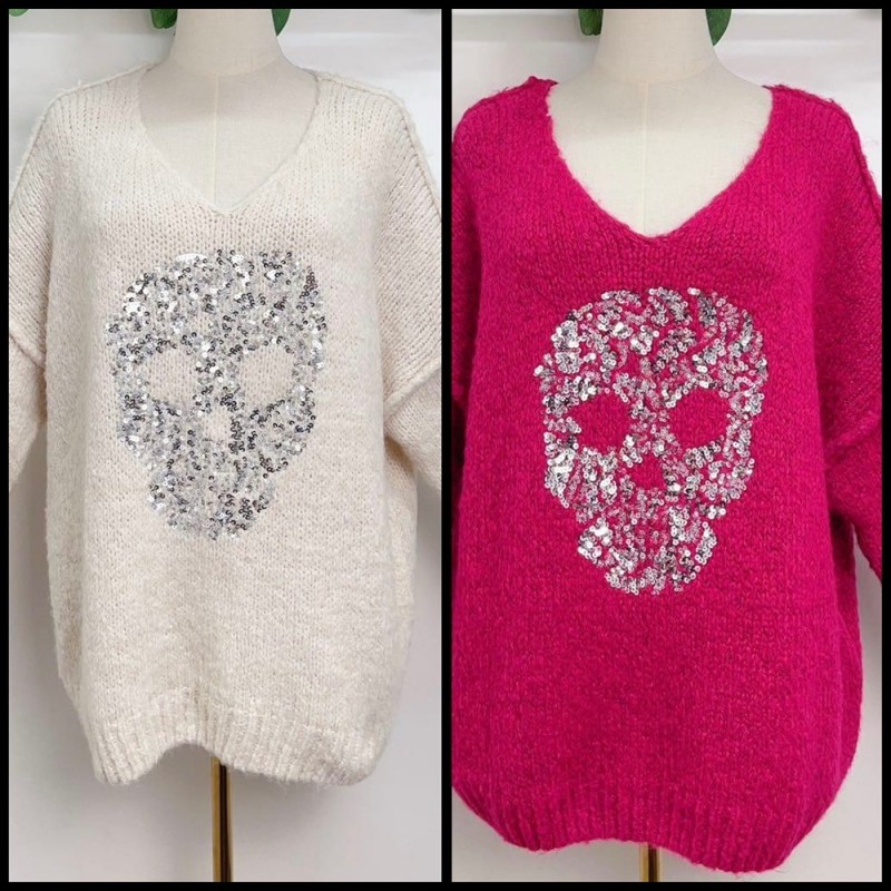 Pull TETE DE MORT (fuchsia/écru)